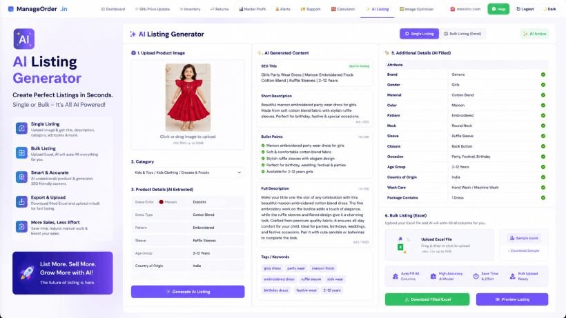 AI Listing — Single + Bulk — ManageOrder.in OMS for Meesho sellers